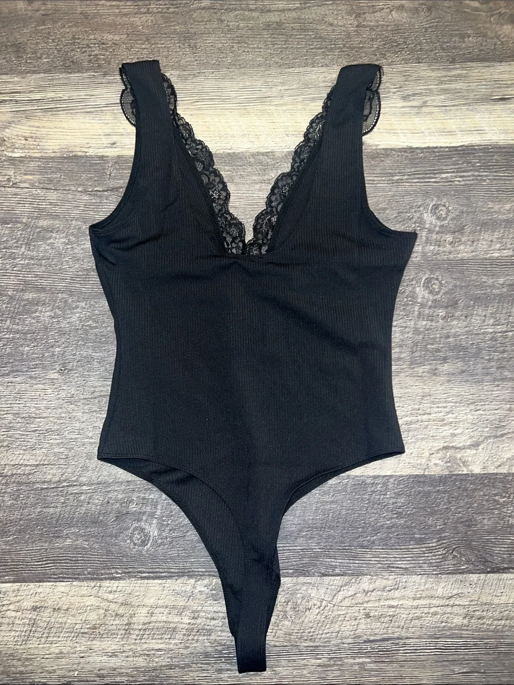 NWT Free People First Call Black Lace Trim V-Neck Ribbed Body Suit